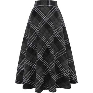 Womens Long Dark Grey Elastic Waist A-Line Pleated Tartan Long Plaid Wool Skirts
